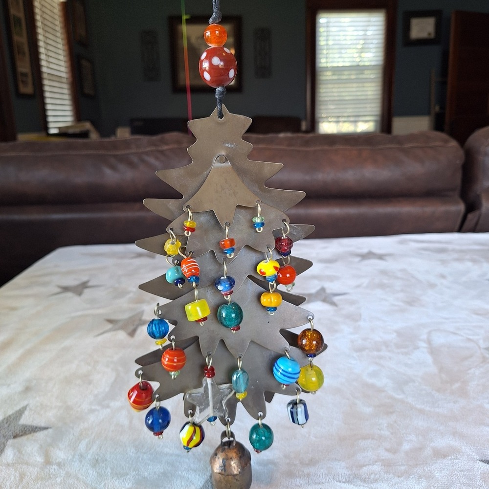 Christmas Tree Artist Made Hand Cut Iron Glas Beads Nana Bell Wind Chime‎ Unique